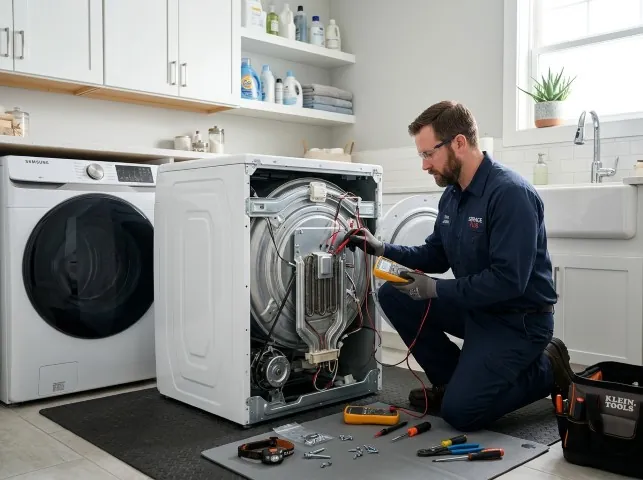 Appliance Repair Hero technician checking a dryer heating element with the rear panel off in Bensenville, IL