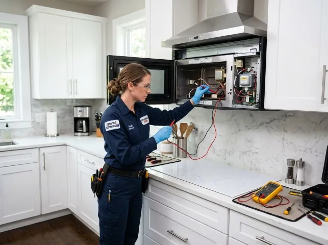 Appliance Repair Hero technician testing an over-the-range microwave in a Bensenville, IL kitchen