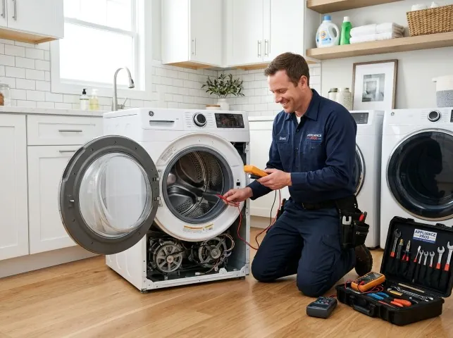 Appliance Repair Hero technician testing a front-load washer with a multimeter on a Bensenville, IL service call